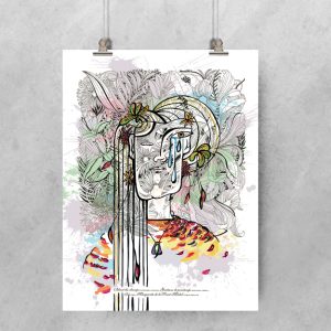 visage larmes mis en scène avec fleurs derrière