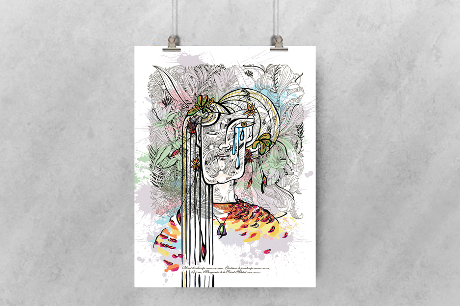 visage larmes mis en scène avec fleurs derrière