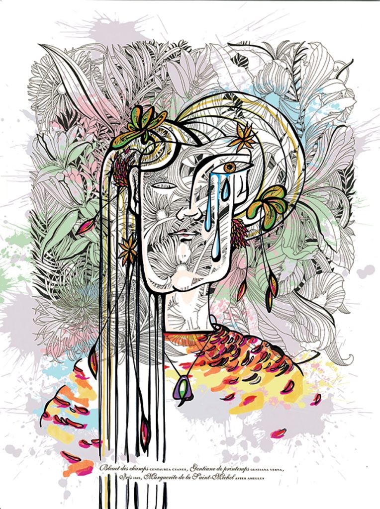 Femme larmes avec fleurs derrière