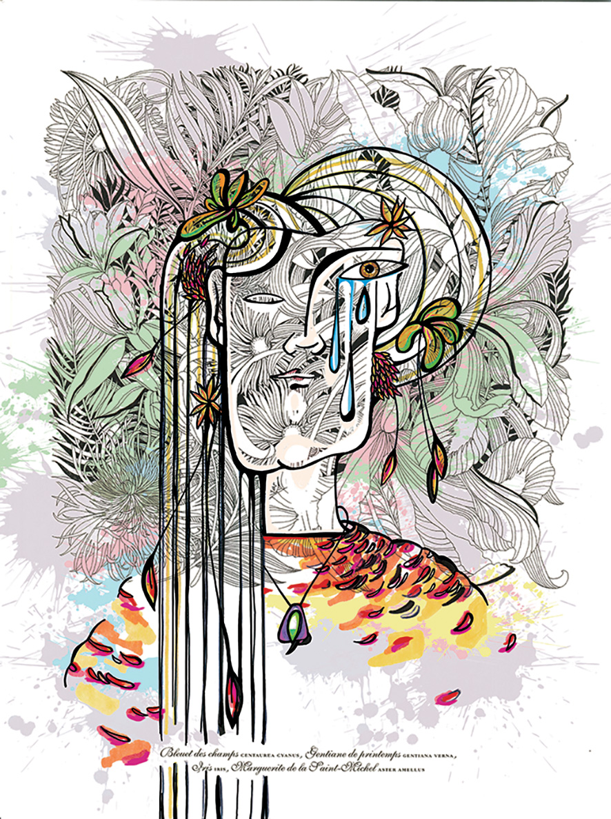 Femme larmes avec fleurs derrière