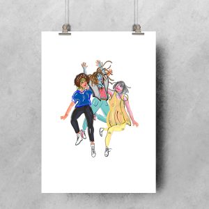 Trois filles dansants ensemble dans la joie, mis en scène sur un mur , illustration