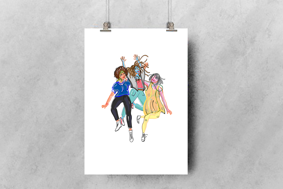 Trois filles dansants ensemble dans la joie, mis en scène sur un mur , illustration