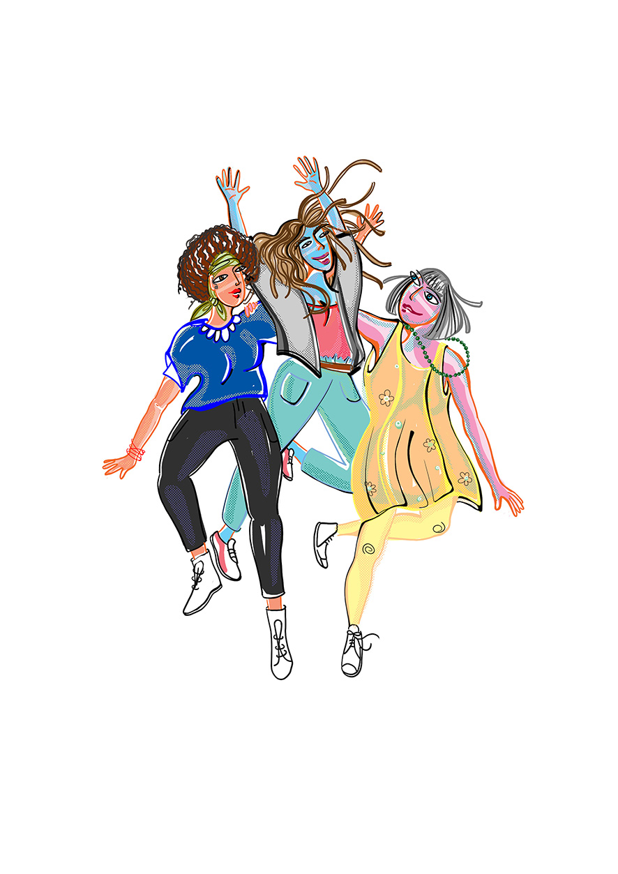 Trois filles dansants ensemble dans la joie , illustration