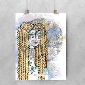 Visage Blond mis en scène fleurs derrière