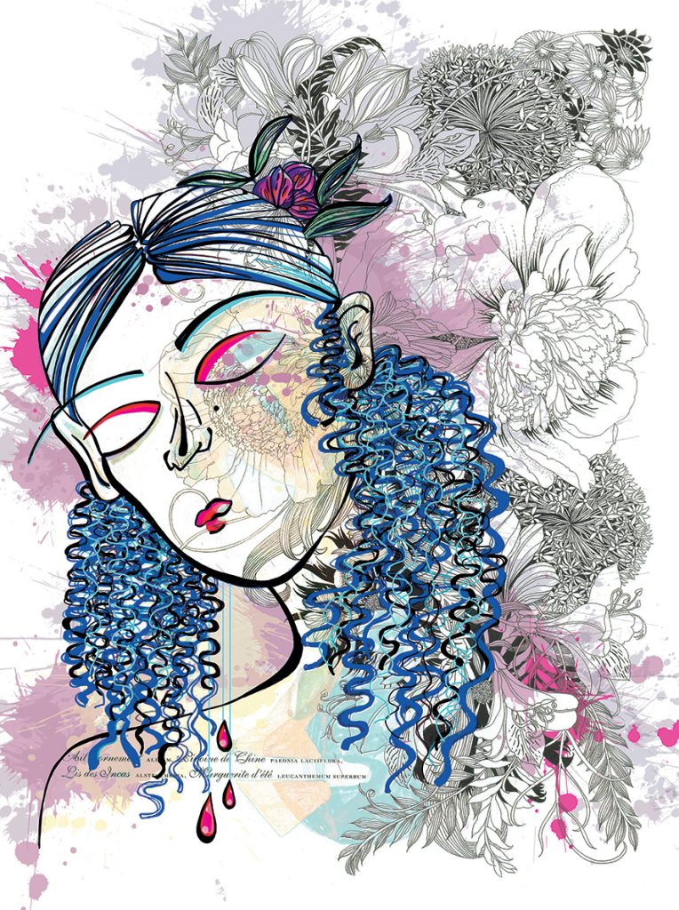 Femme BLEUE avec fleurs derrière