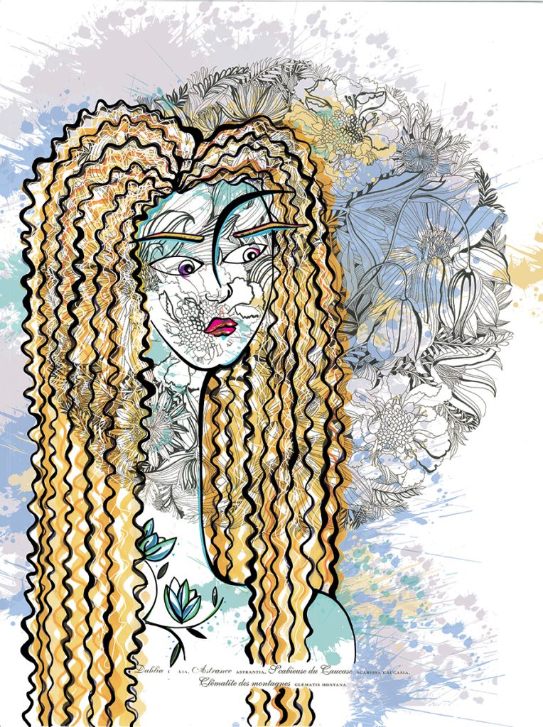 Visage Blond fleurs derrière